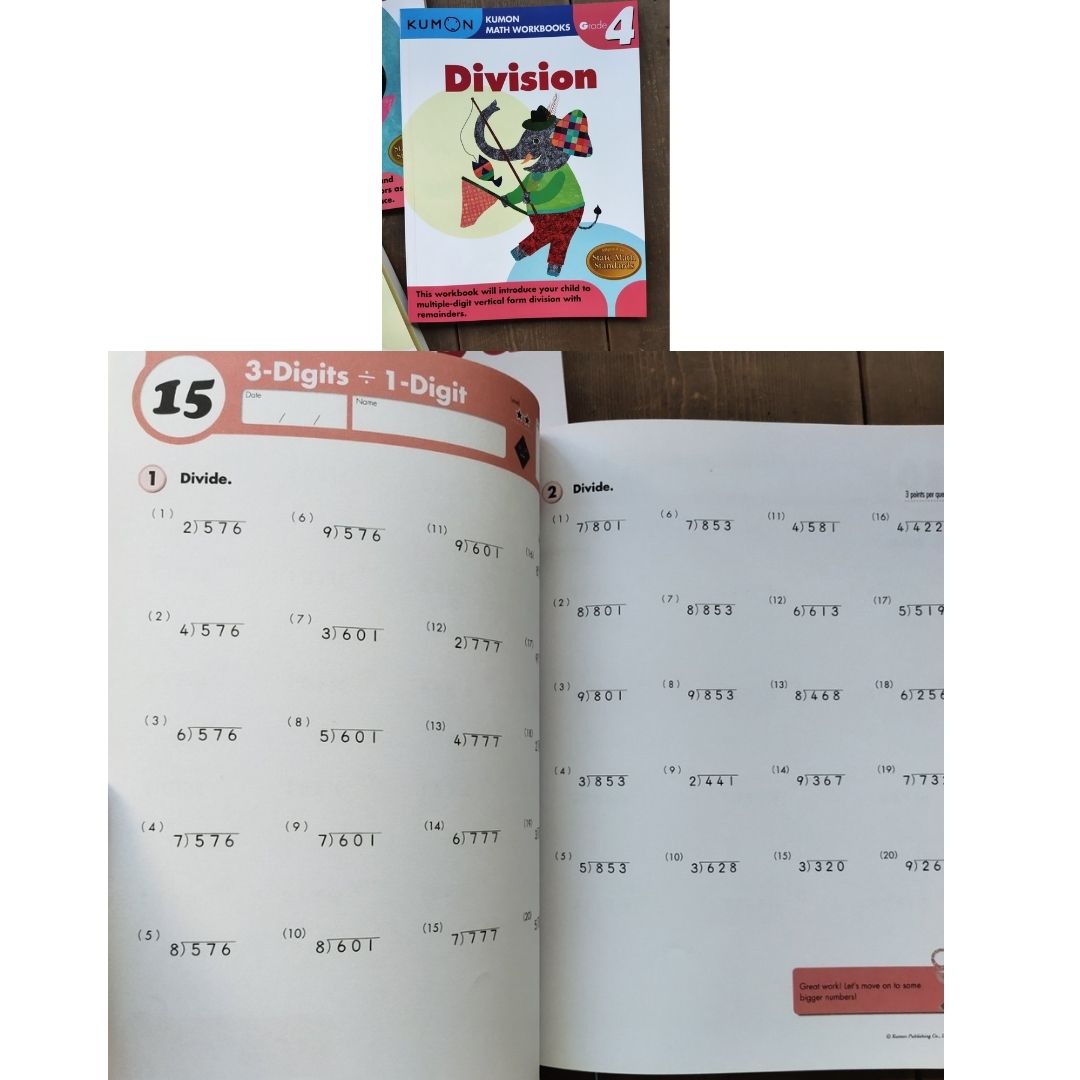 Kumon Math Workbooks for Grade 4 (3 books) Division/ Multiplication/Decimals & Fractions 3 books